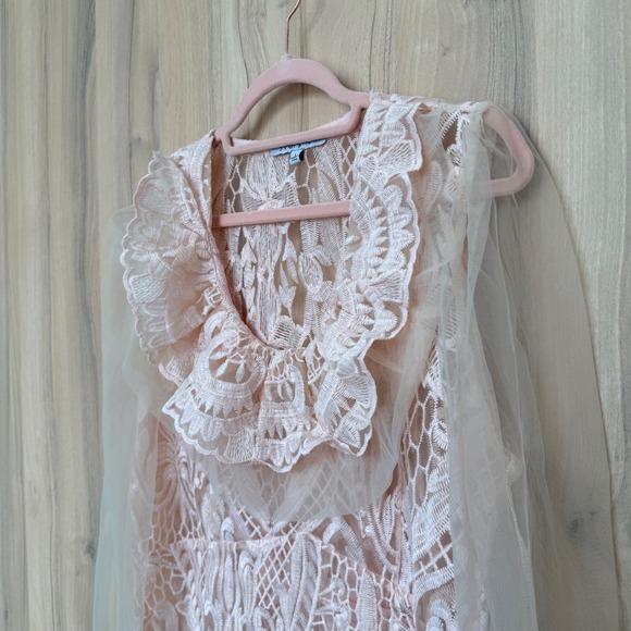 Story On Womens Sheer Lace Blouse Size L Pink Ruffle Coquette Fairy Regency Doll - Picture 5 of 10